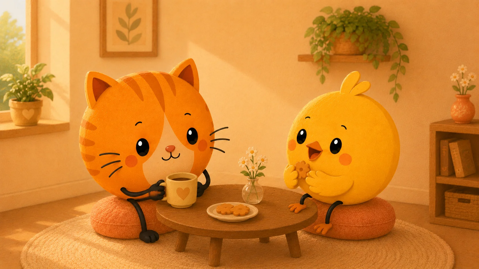 Two soft figures on an early date at a small cafe table, mid-conversation in warm light