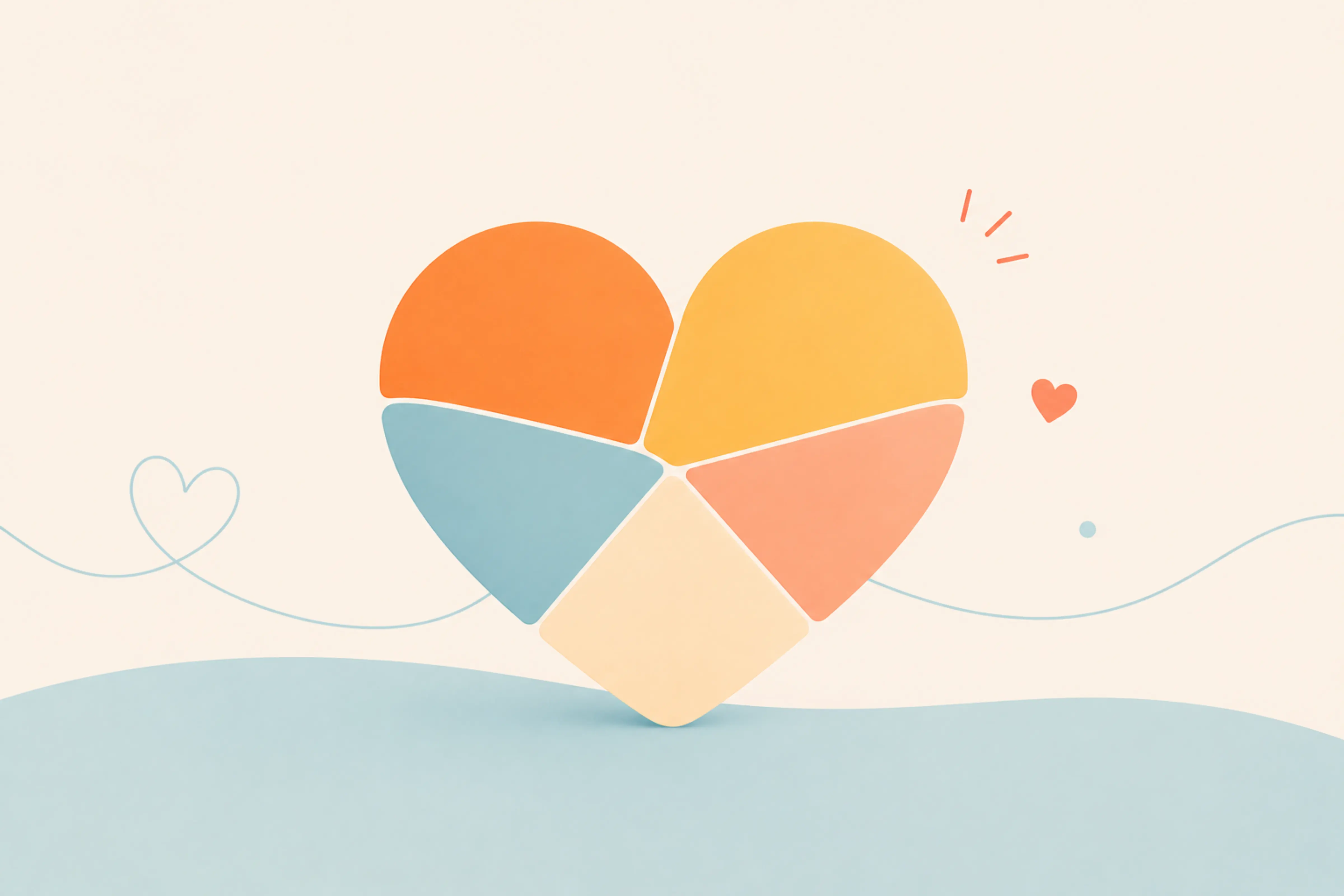 Two soft figures leaning together around a heart, illustrating the 5 love languages