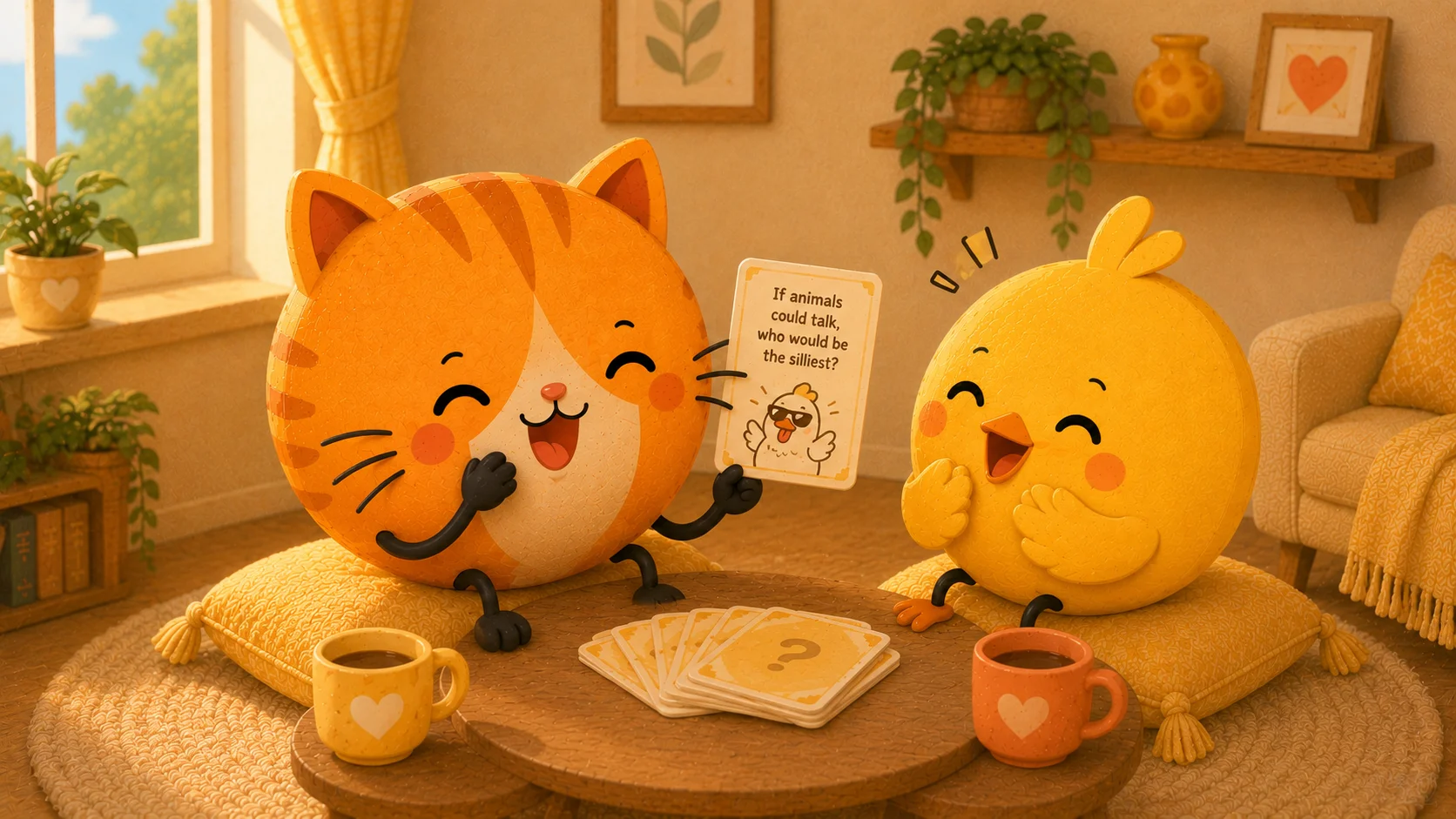 Two soft figures laughing over takeout containers on the floor, playing a question game