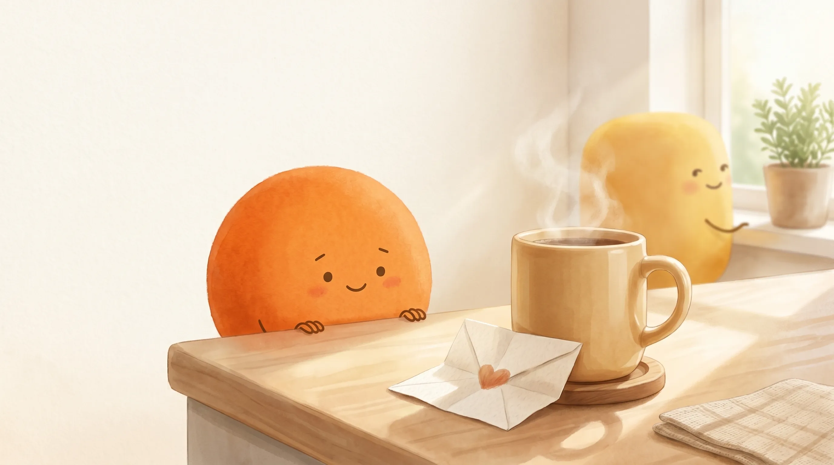 A small handwritten love note tucked under a coffee mug on a kitchen counter