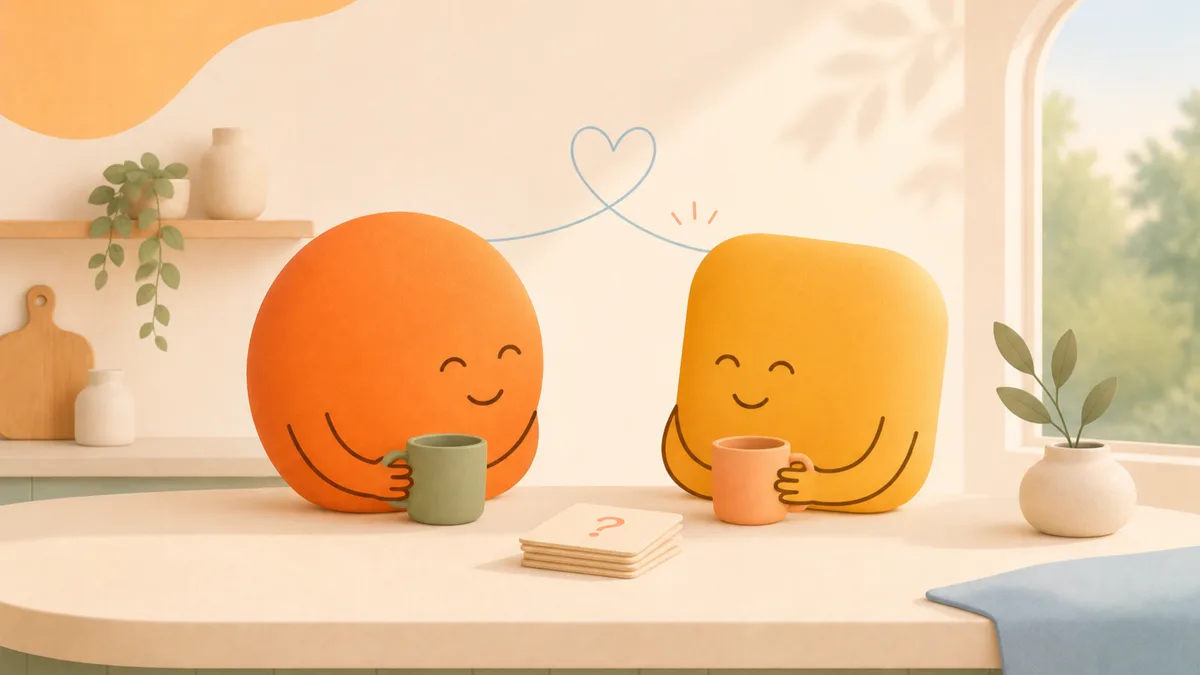 Two soft figures talking over mugs, illustrating questions for couples