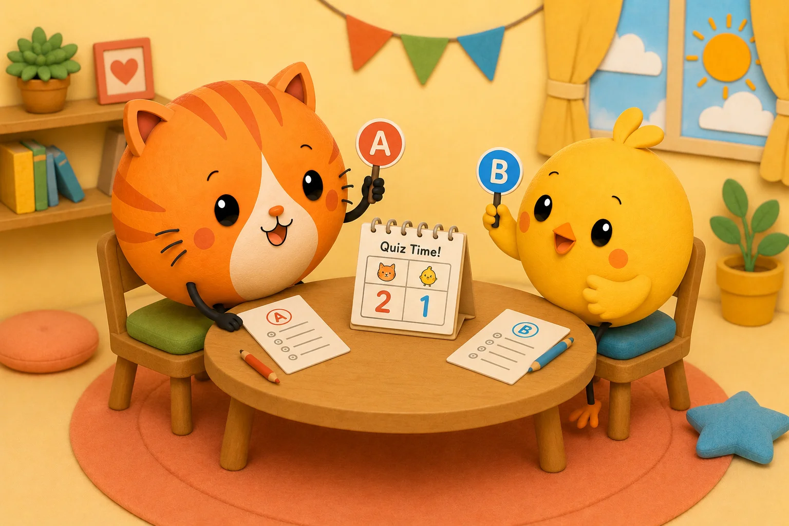 Two soft figures on a sofa with a phone and a small scorecard between them, playing a couples quiz