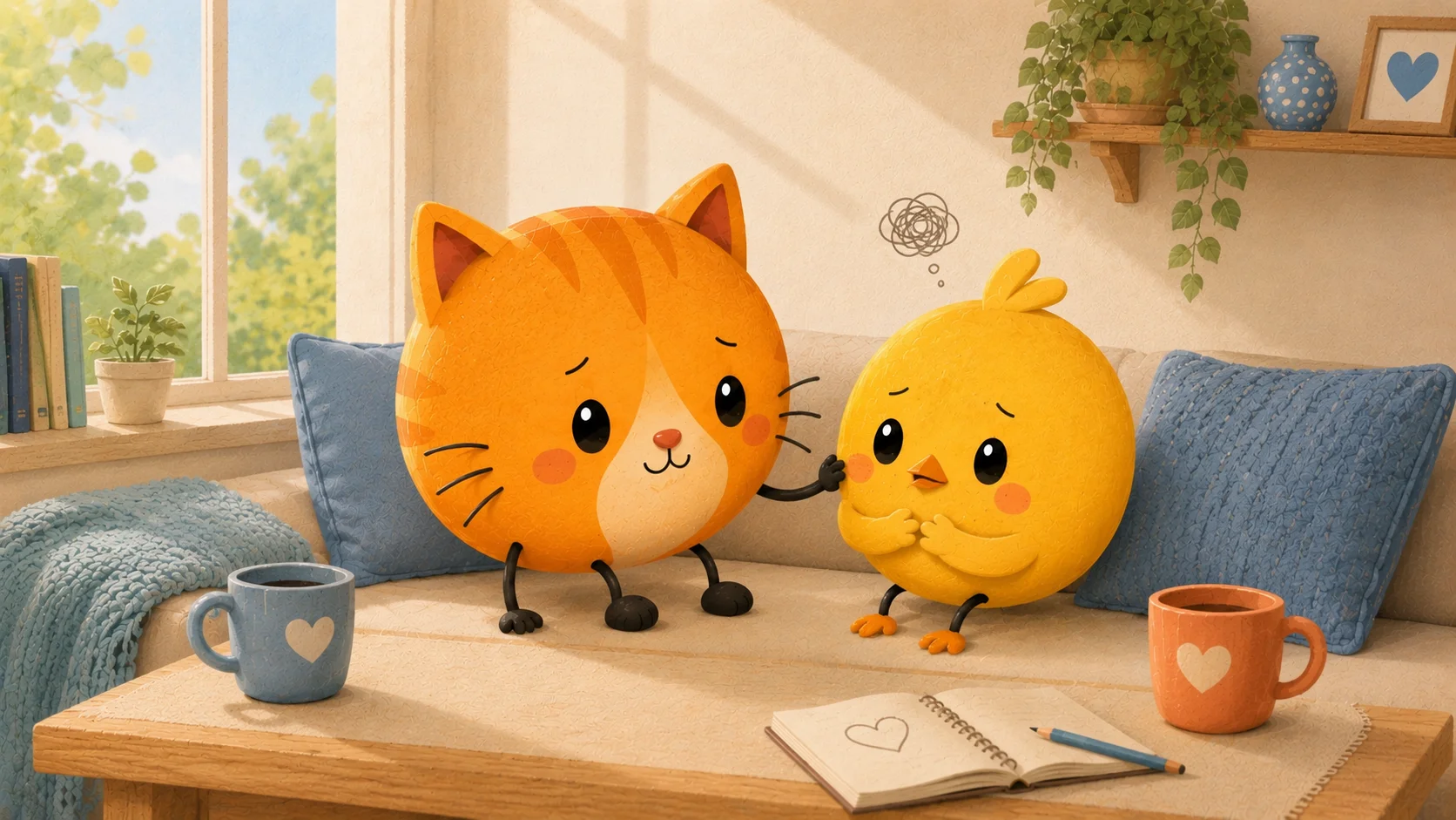 A soft figure sitting up in low light holding a phone while their partner sleeps nearby, looking worried