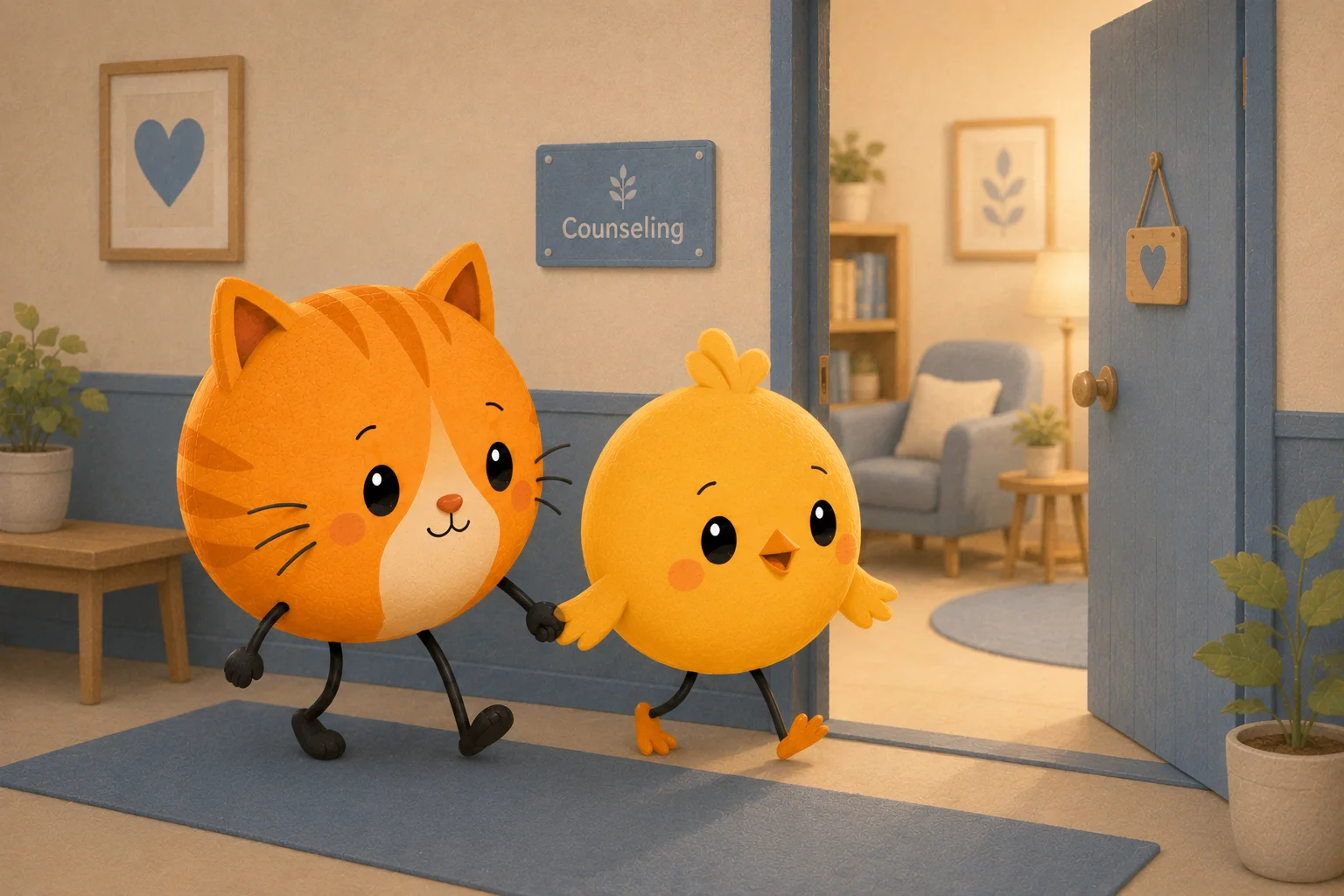 Two soft figures sitting on a couch facing a counselor in a calm, warm room