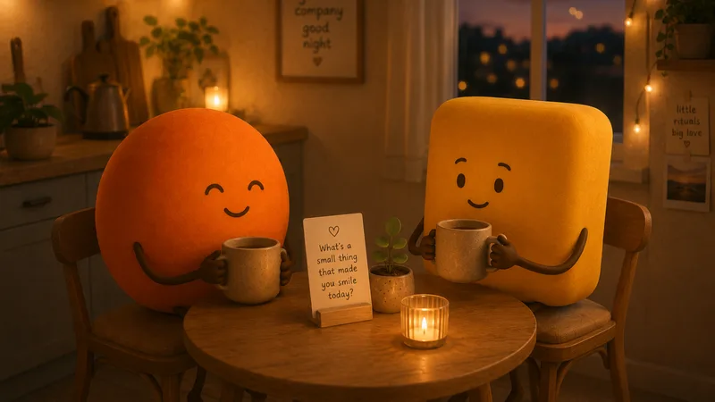 Two soft figures sharing a tiny evening ritual, two mugs and one question card between them