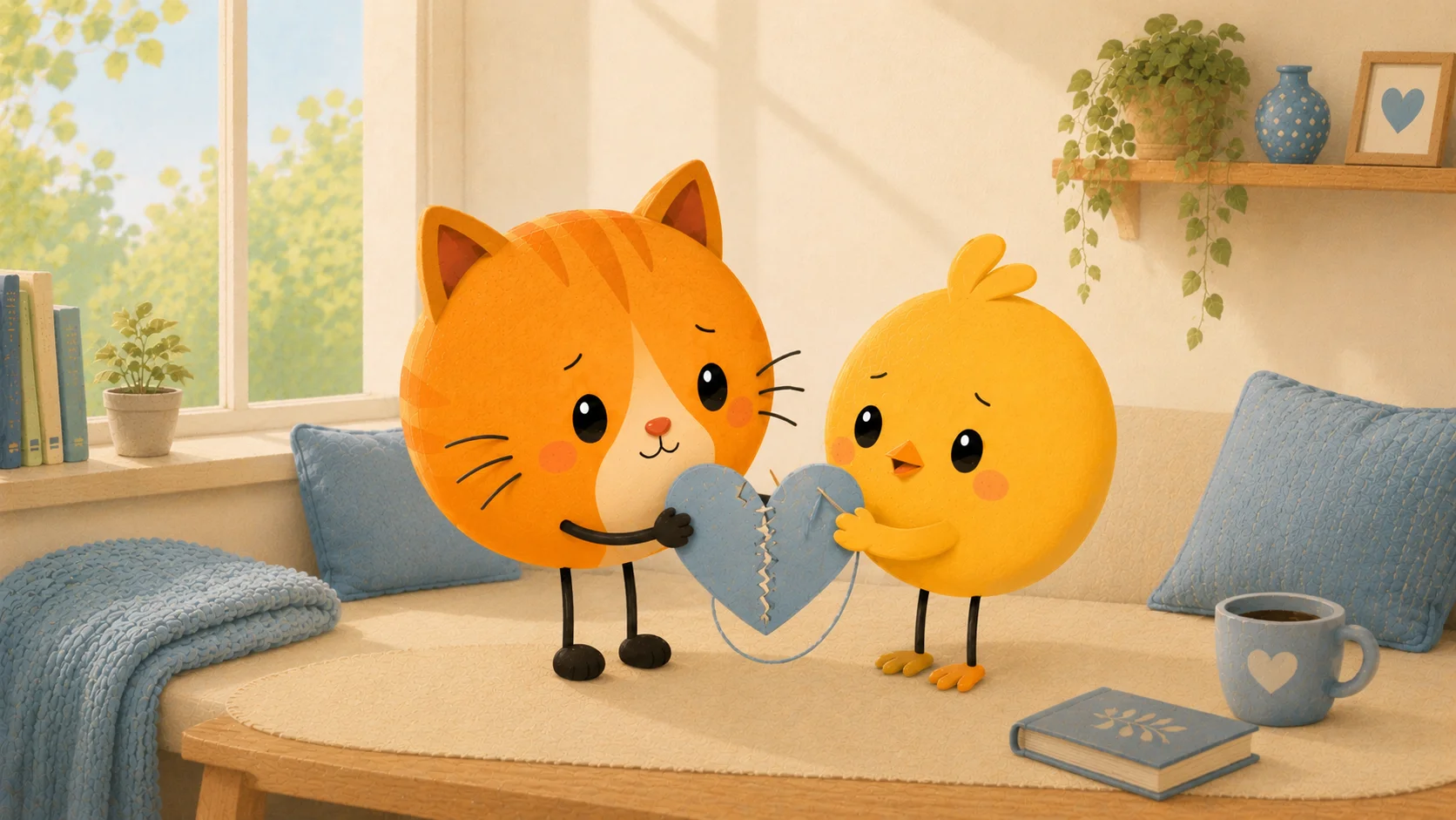Two soft figures sitting apart at a kitchen table at night, one holding a mug, in a quiet heavy moment